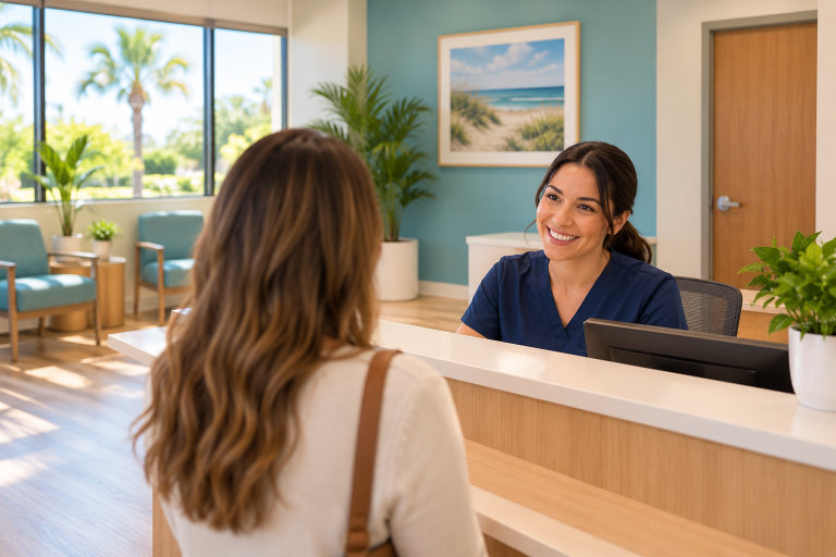 Smiling receptionist welcoming a patient at a bright clinic front desk