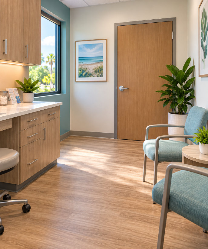 Bright, private exam room with a closed door and comfortable seating